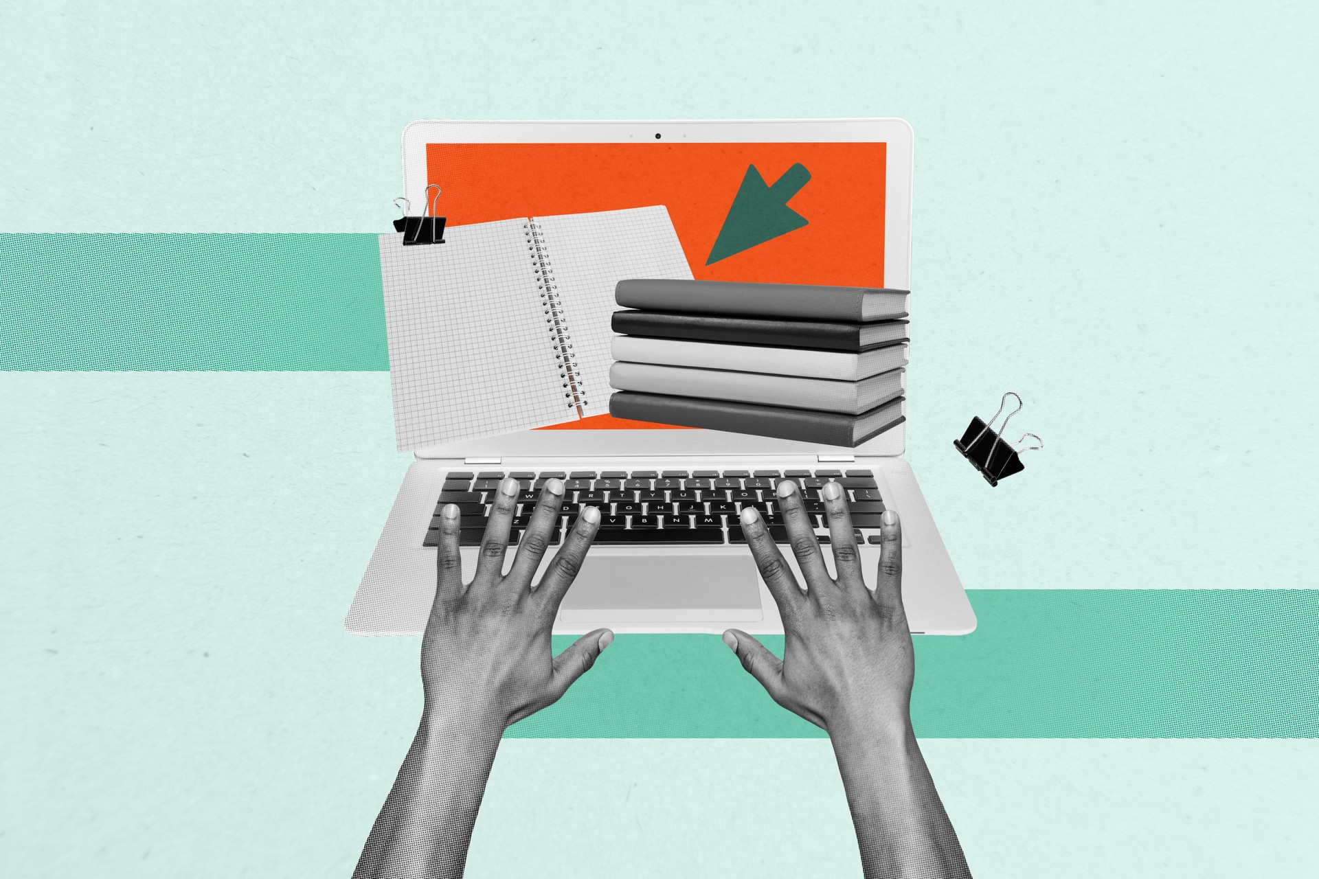 Sketch image trend artwork montage 3D photo collage of two hand hold student press keypad laptop pile book education document point